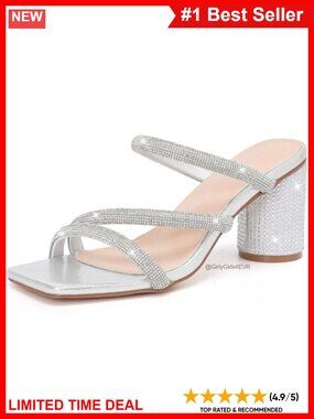 Rhinestone Strappy Chunky Block Heel Sandals Square Toe Slip On Party Pumps